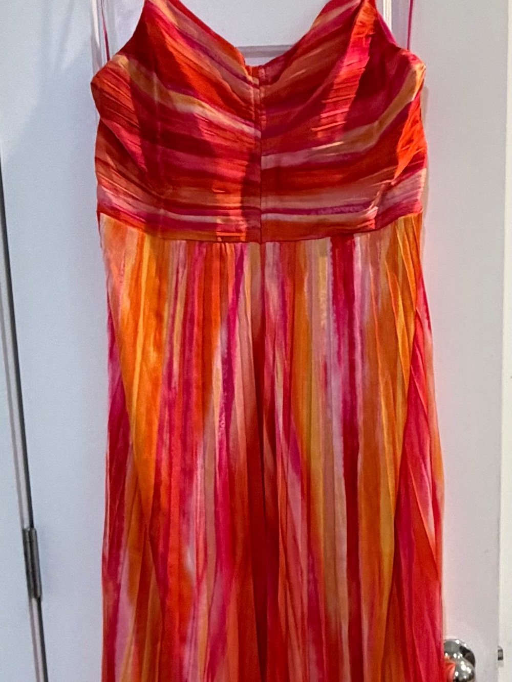 Nicole Miller New York Size 14 Pink Orange Striped Pleated Maxi Dress